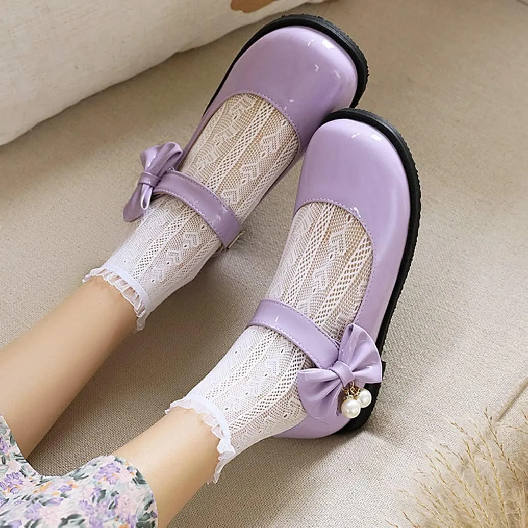 Meefit Women Flat Mary Janes Shoes Patent Leather Cute Pumps with Bow Uniform Shoes