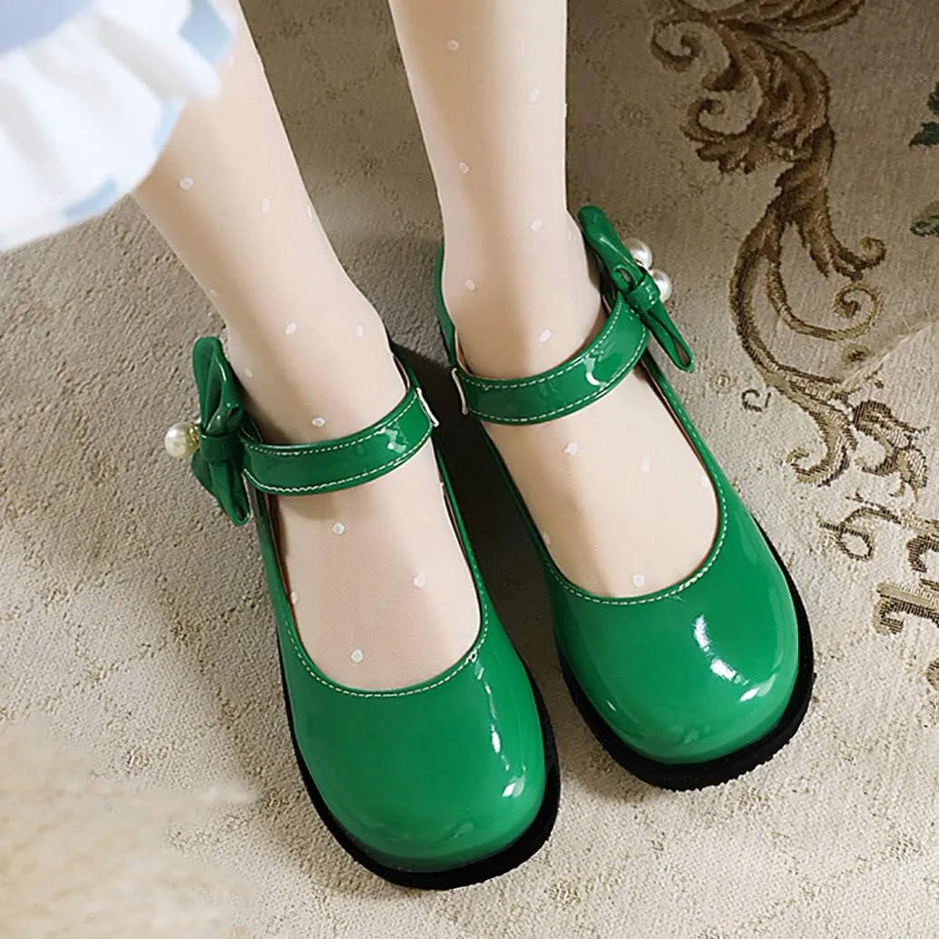 Meefit Women Flat Mary Janes Shoes Patent Leather Cute Pumps with Bow Uniform Shoes