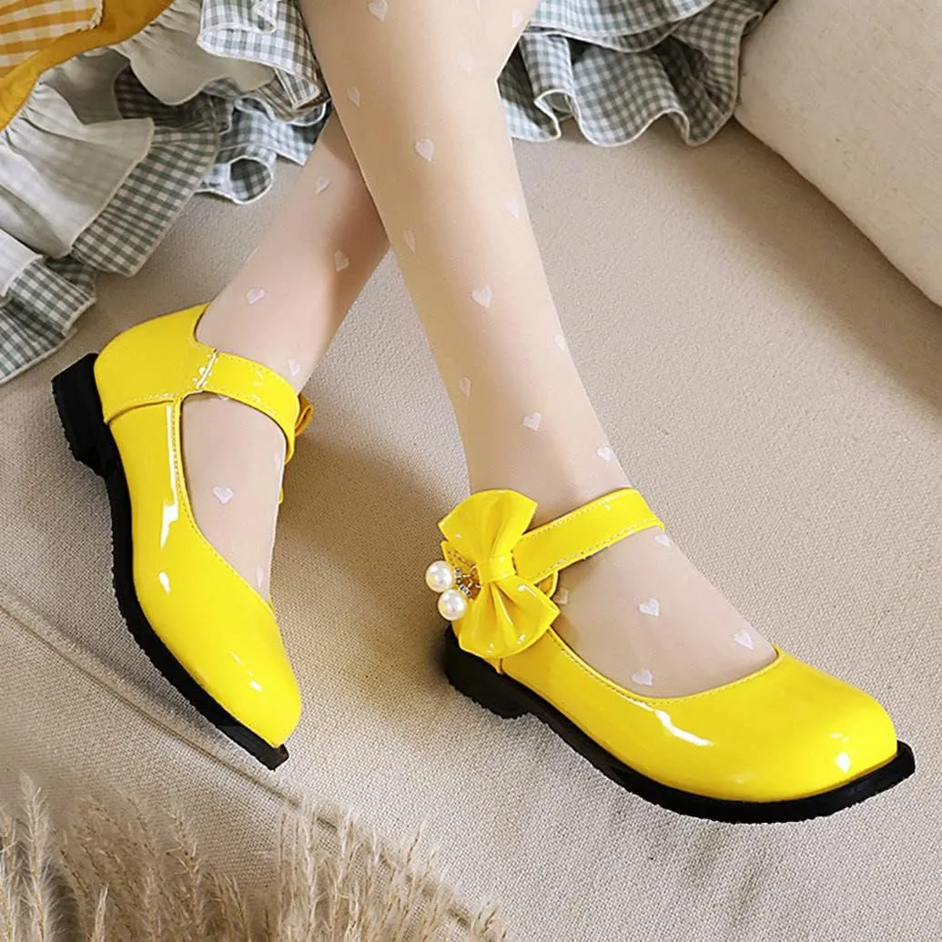 Meefit Women Flat Mary Janes Shoes Patent Leather Cute Pumps with Bow Uniform Shoes