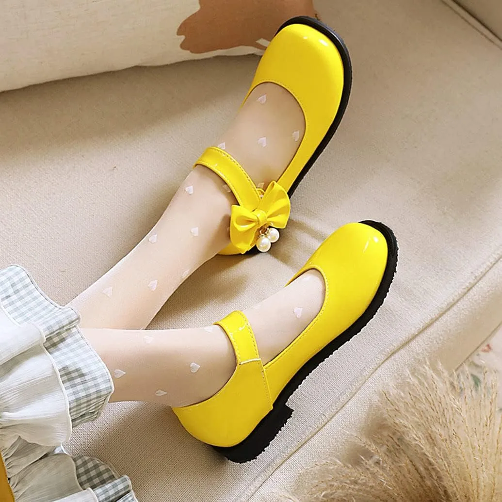 Meefit Women Flat Mary Janes Shoes Patent Leather Cute Pumps with Bow Uniform Shoes