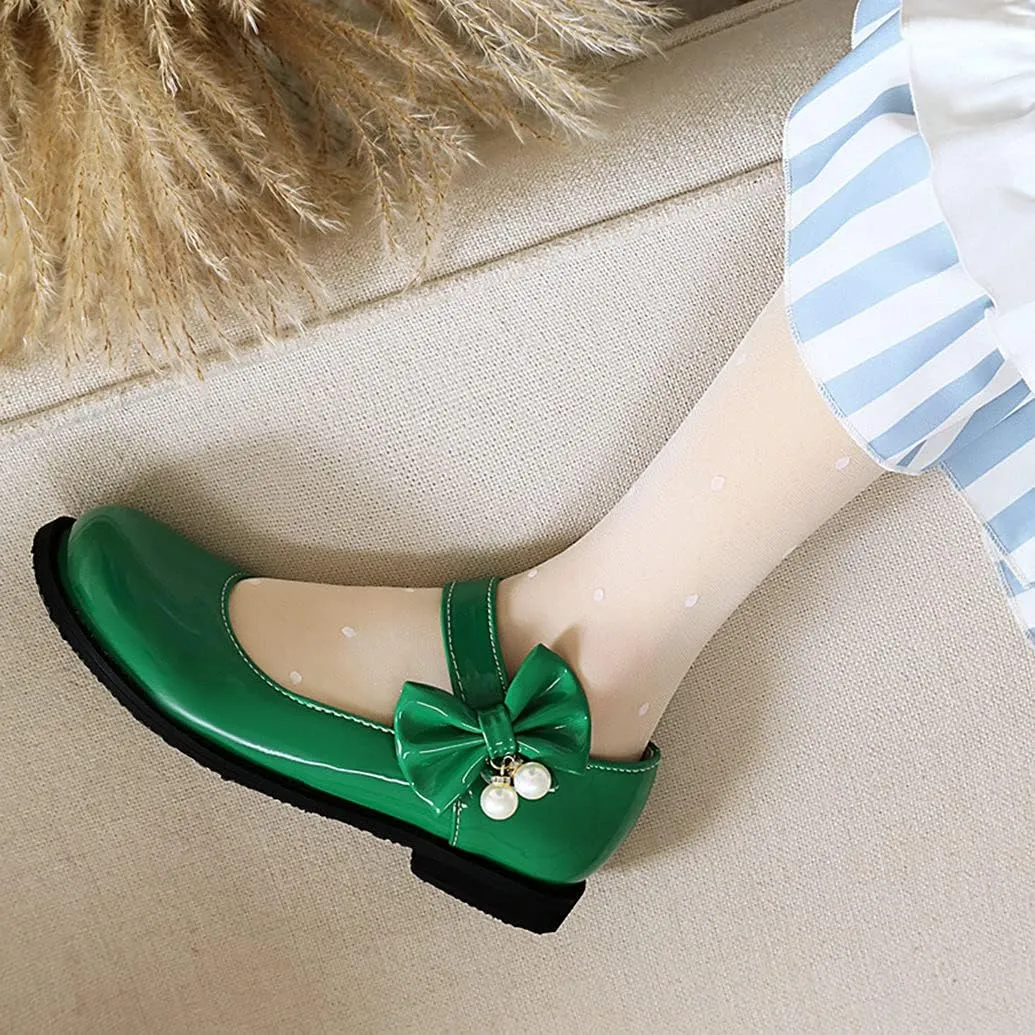 Meefit Women Flat Mary Janes Shoes Patent Leather Cute Pumps with Bow Uniform Shoes