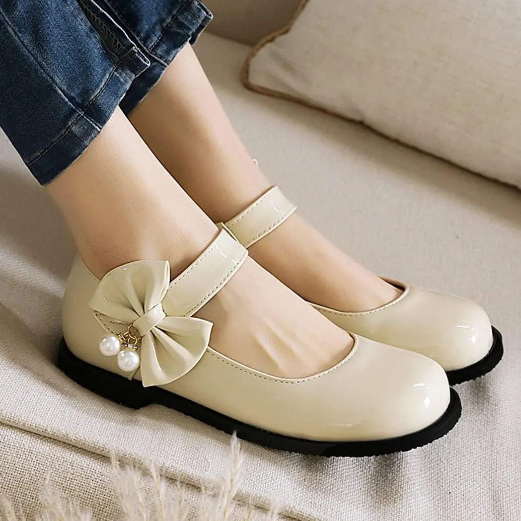 Meefit Women Flat Mary Janes Shoes Patent Leather Cute Pumps with Bow Uniform Shoes