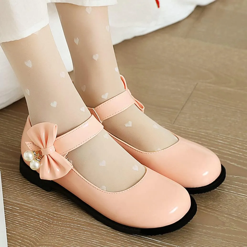Meefit Women Flat Mary Janes Shoes Patent Leather Cute Pumps with Bow Uniform Shoes