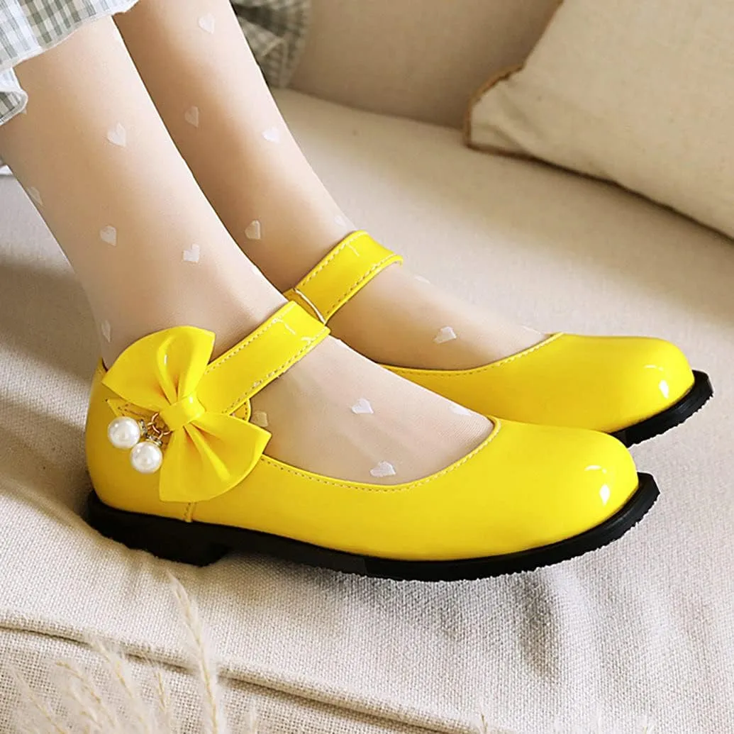 Meefit Women Flat Mary Janes Shoes Patent Leather Cute Pumps with Bow Uniform Shoes