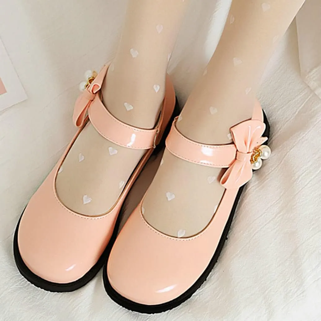 Meefit Women Flat Mary Janes Shoes Patent Leather Cute Pumps with Bow Uniform Shoes