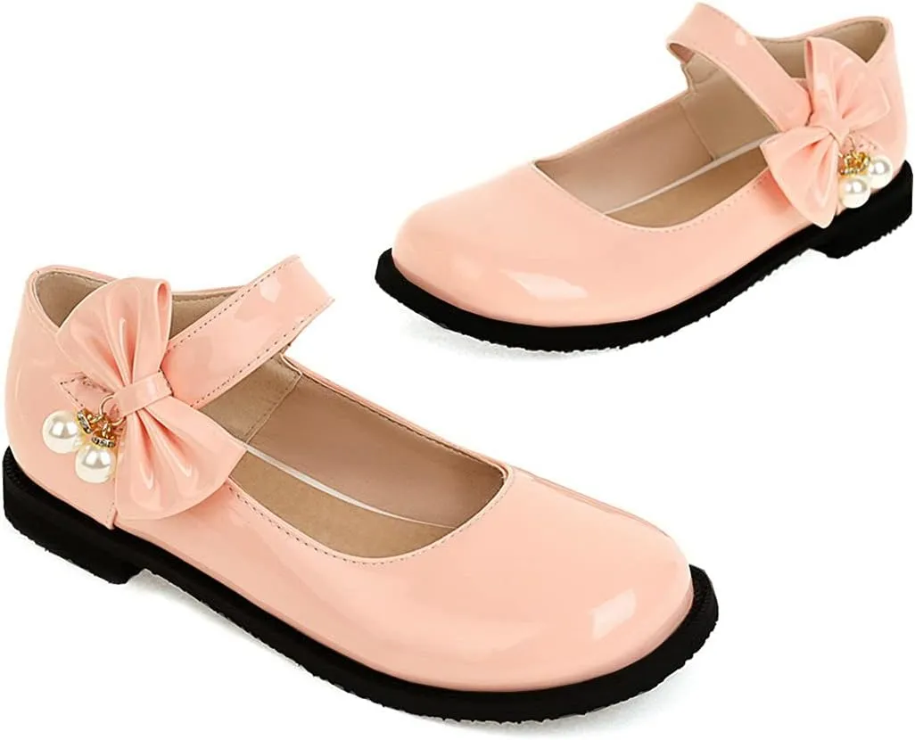 Meefit Women Flat Mary Janes Shoes Patent Leather Cute Pumps with Bow Uniform Shoes