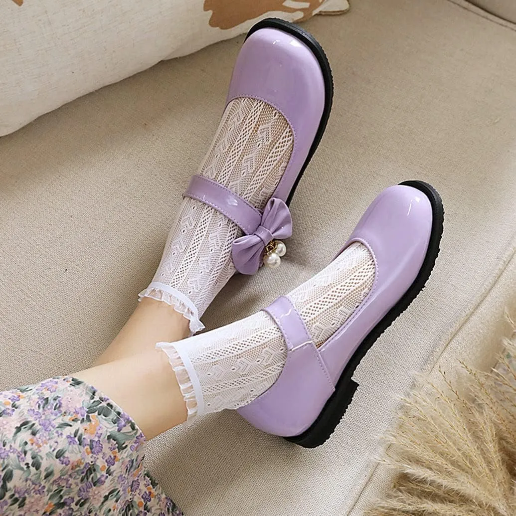 Meefit Women Flat Mary Janes Shoes Patent Leather Cute Pumps with Bow Uniform Shoes