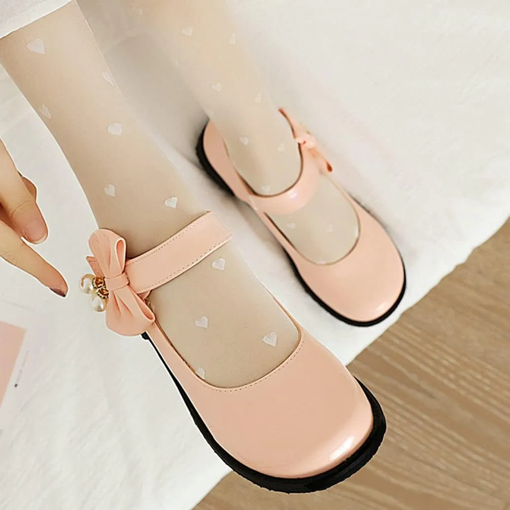 Meefit Women Flat Mary Janes Shoes Patent Leather Cute Pumps with Bow Uniform Shoes