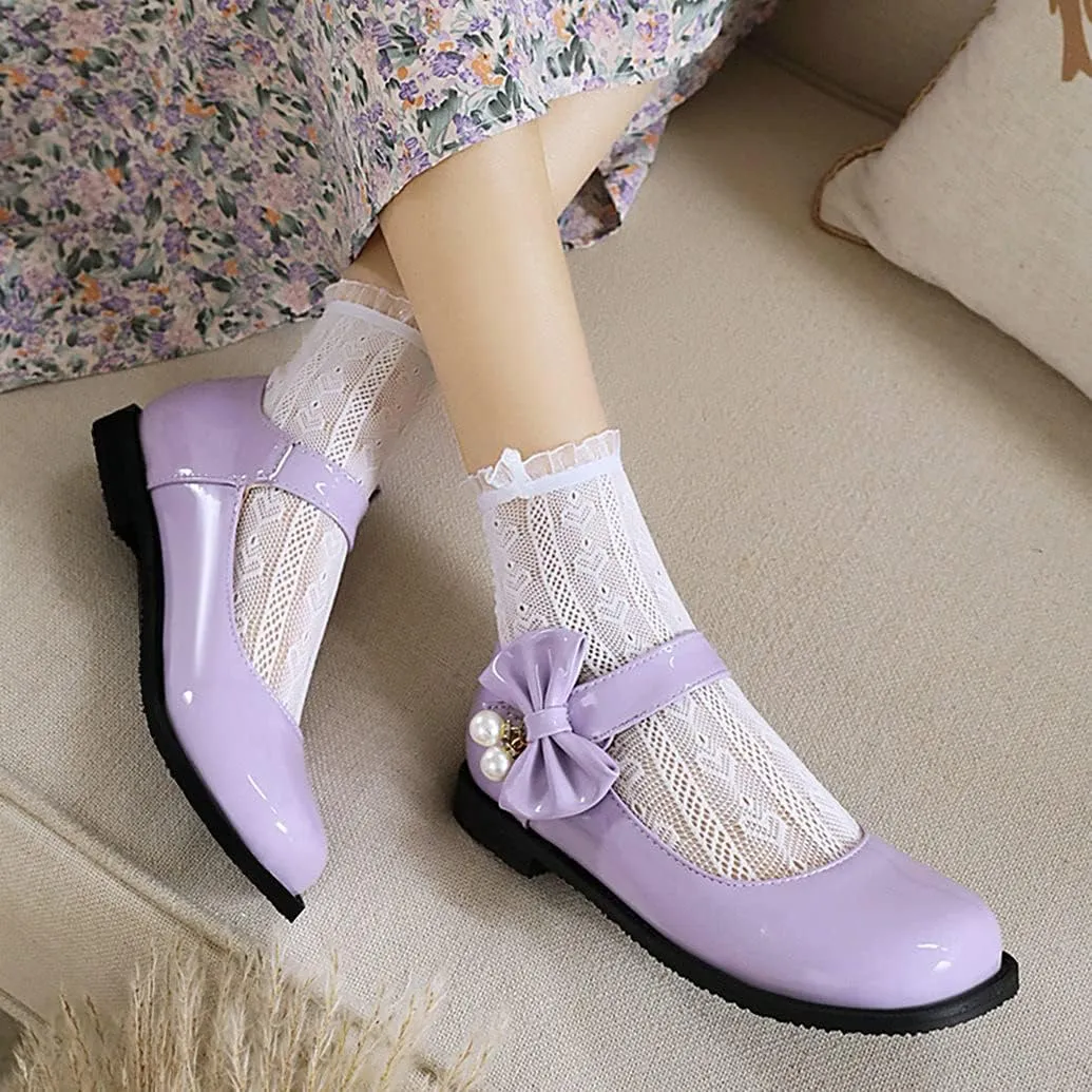 Meefit Women Flat Mary Janes Shoes Patent Leather Cute Pumps with Bow Uniform Shoes