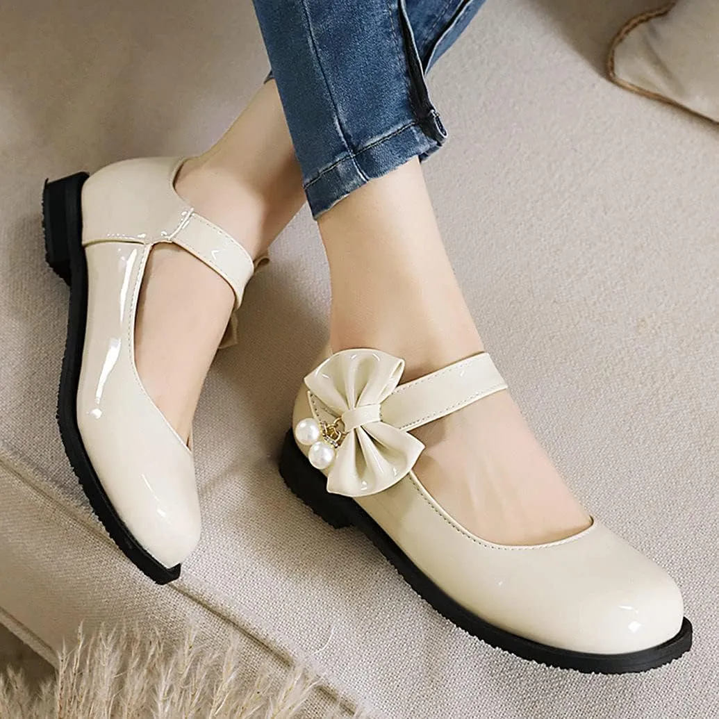 Meefit Women Flat Mary Janes Shoes Patent Leather Cute Pumps with Bow Uniform Shoes