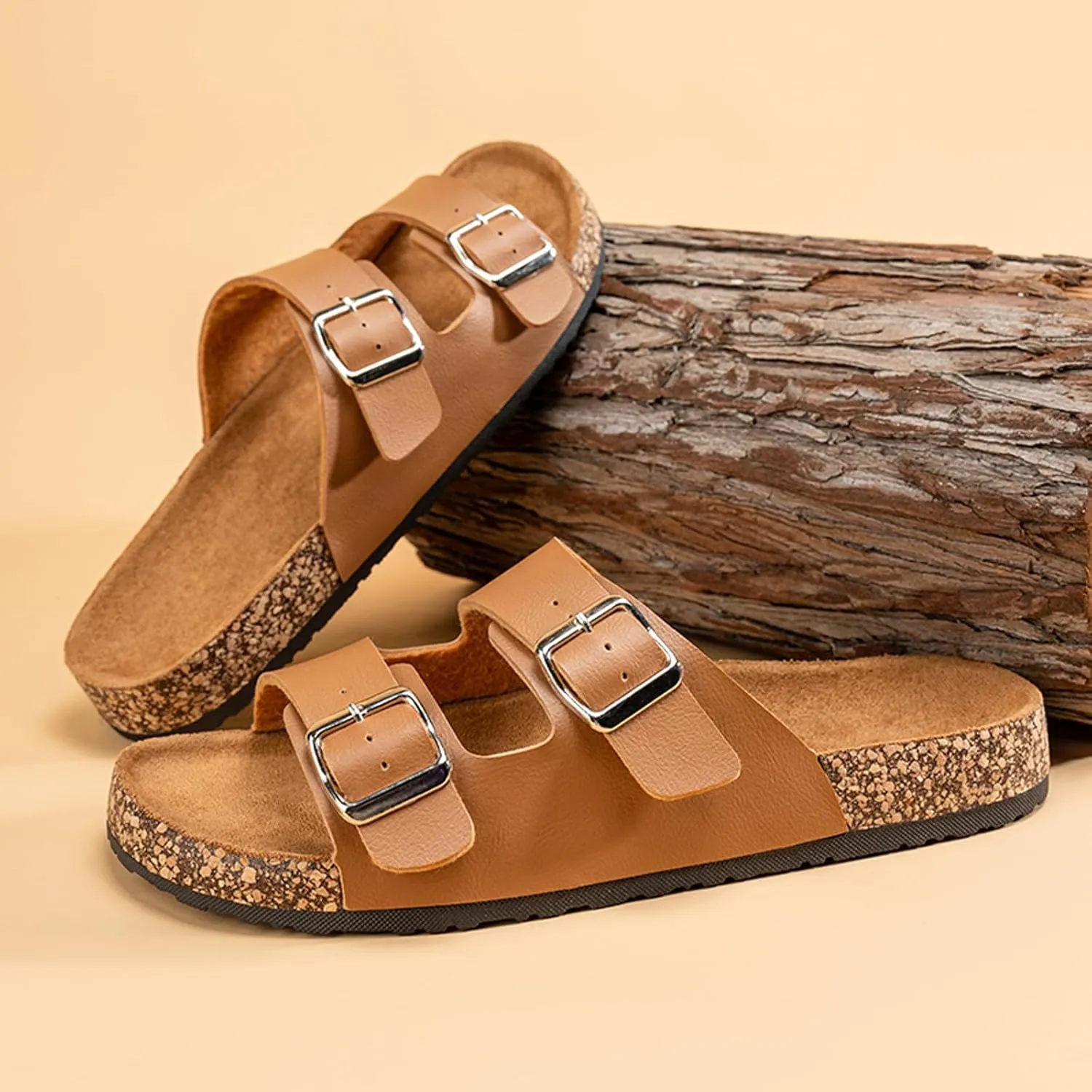 Mens Cork Footbed Sandals: Arch Support - Adjustable Double Buckle Slip-On Comfort Slides for Casual Summer Wear Beach
