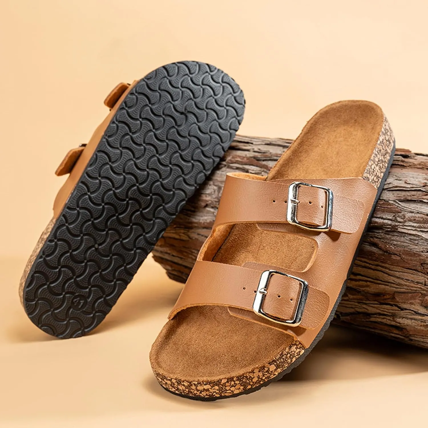 Mens Cork Footbed Sandals: Arch Support - Adjustable Double Buckle Slip-On Comfort Slides for Casual Summer Wear Beach