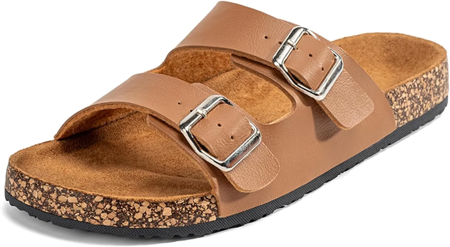 Mens Cork Footbed Sandals: Arch Support - Adjustable Double Buckle Slip-On Comfort Slides for Casual Summer Wear Beach