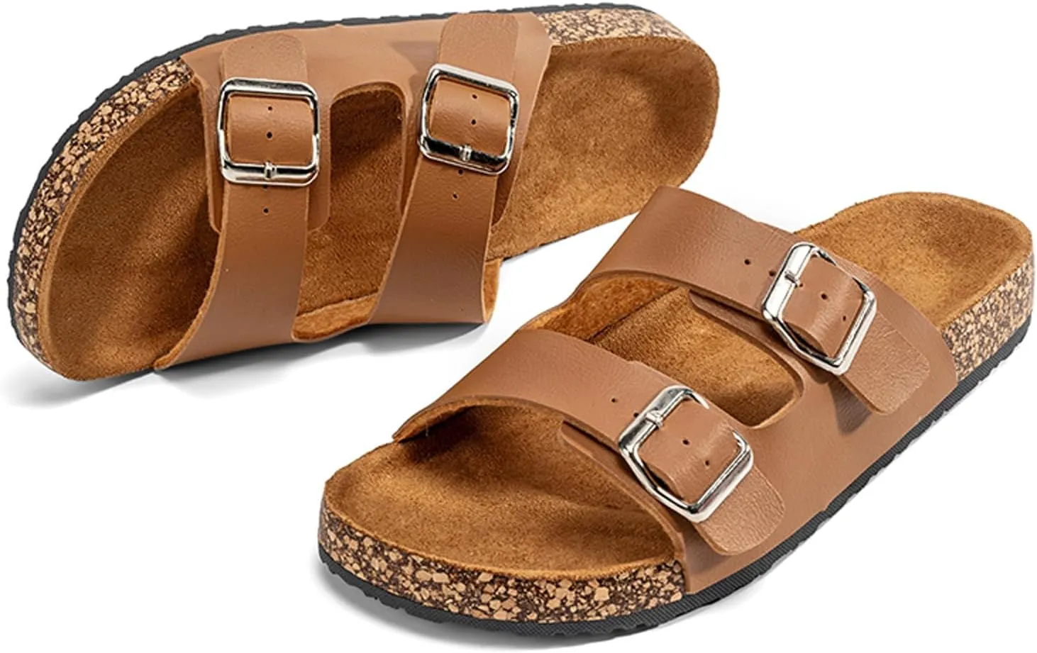 Mens Cork Footbed Sandals: Arch Support - Adjustable Double Buckle Slip-On Comfort Slides for Casual Summer Wear Beach