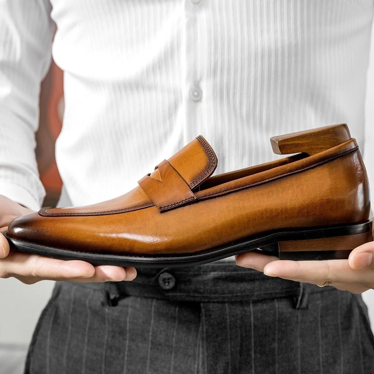 Men's Genuine Leather Loafers, Square Toe Oxford Loafers, Comfortable Flat Heel, Slip-Resistant Outdoor Shoes, Classic Slip-Ons