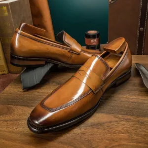 Men's Genuine Leather Loafers, Square Toe Oxford Loafers, Comfortable Flat Heel, Slip-Resistant Outdoor Shoes, Classic Slip-Ons