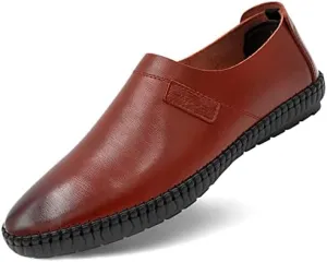 Mens Loafers Genuine Leather Round Toe Breathable Lightweight Slip Resistant Anti-Slip Walking Classic Slip-ons
