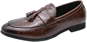 Men's Vegan Leather Loafers - Burnished Crocodile Print Tassel Detail Flexible & Anti-Slip Slip-Ons for Comfortable Party and Fashion Wear