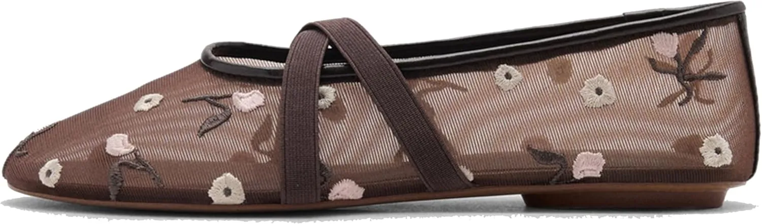 Mesh Mary Jane Flats for Women, Breathable Embroidery Design, Elegant and Comfortable Slip-On Ballet Dress Shoes