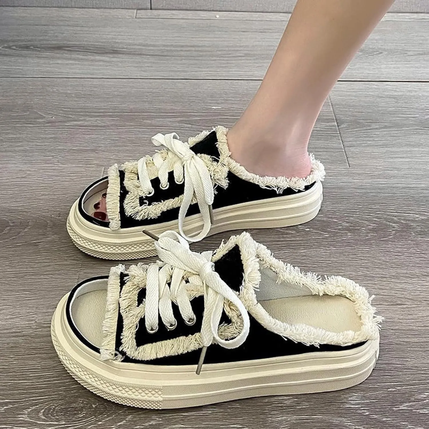 Open Toe Mule Sneakers for Women 2025,Canvas Slippers，Slip on Shoes Platform Clogs Backless Casual Sandals, Wide Mule for Women