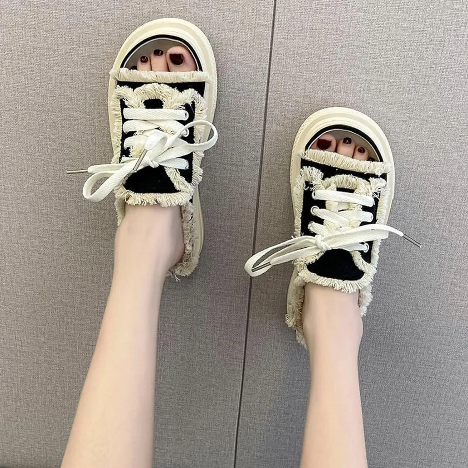 Open Toe Mule Sneakers for Women 2025,Canvas Slippers，Slip on Shoes Platform Clogs Backless Casual Sandals, Wide Mule for Women