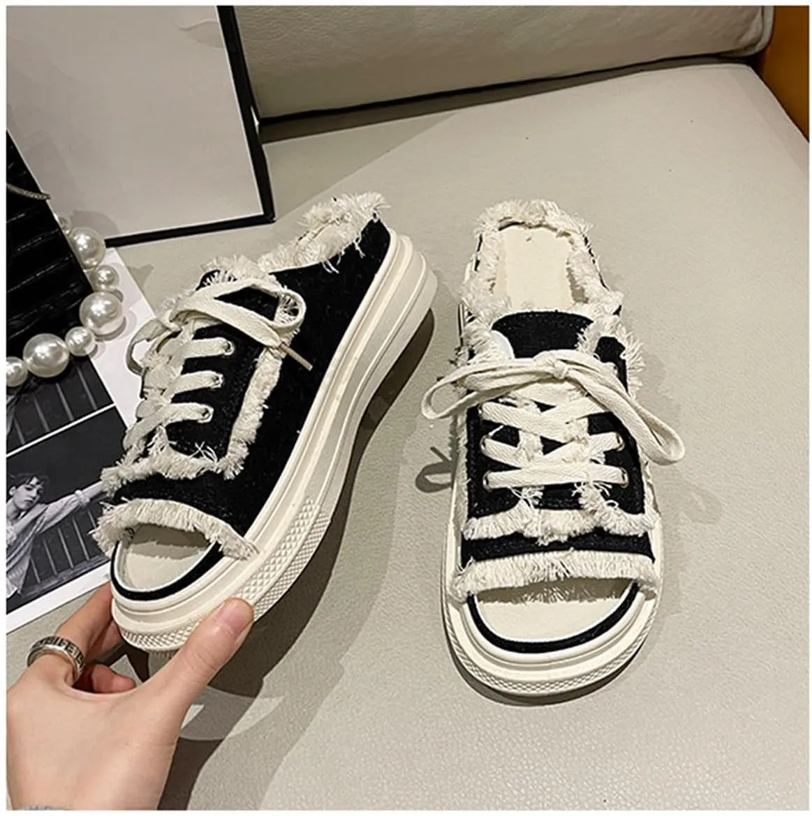 Open Toe Mule Sneakers for Women 2025,Canvas Slippers，Slip on Shoes Platform Clogs Backless Casual Sandals, Wide Mule for Women