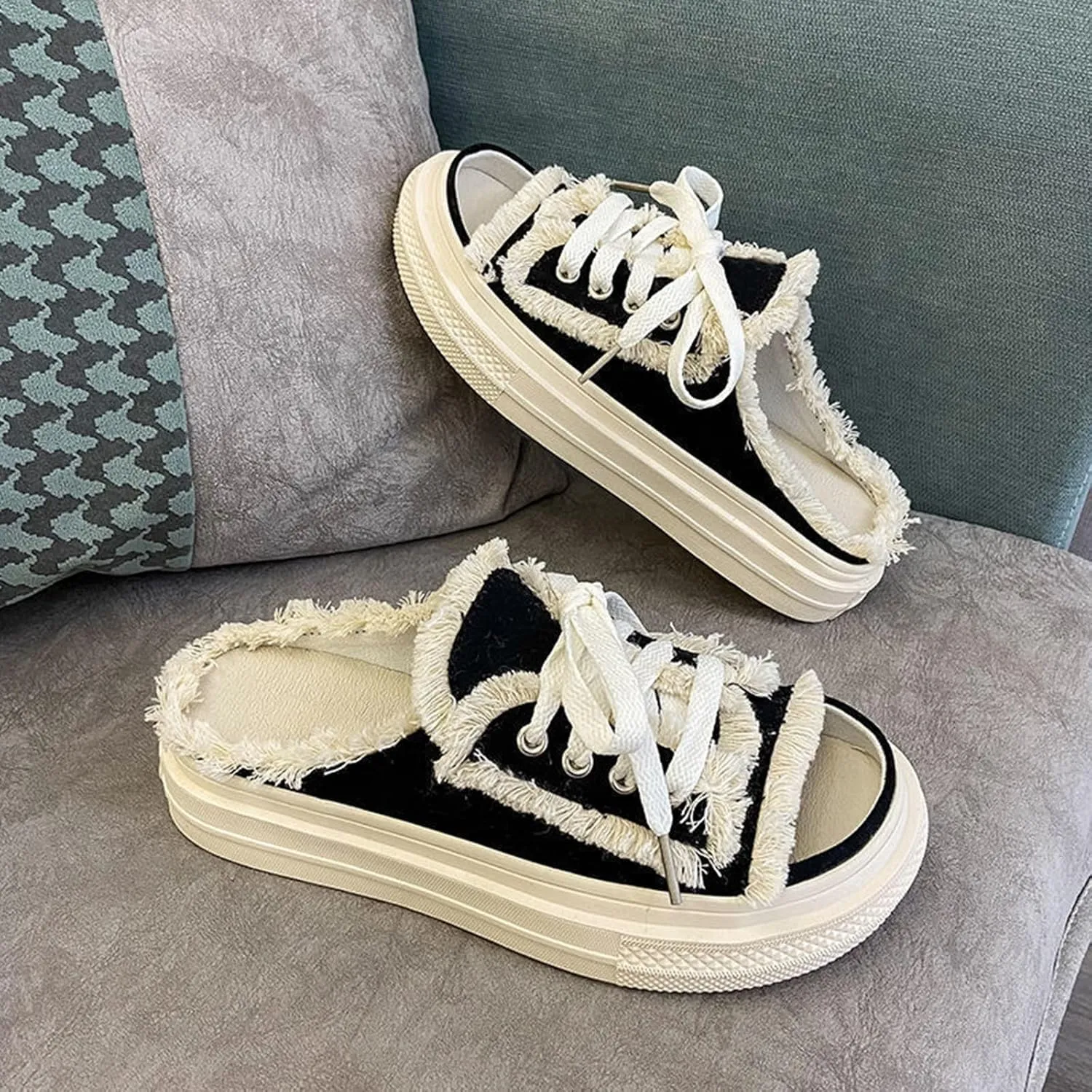 Open Toe Mule Sneakers for Women 2025,Canvas Slippers，Slip on Shoes Platform Clogs Backless Casual Sandals, Wide Mule for Women