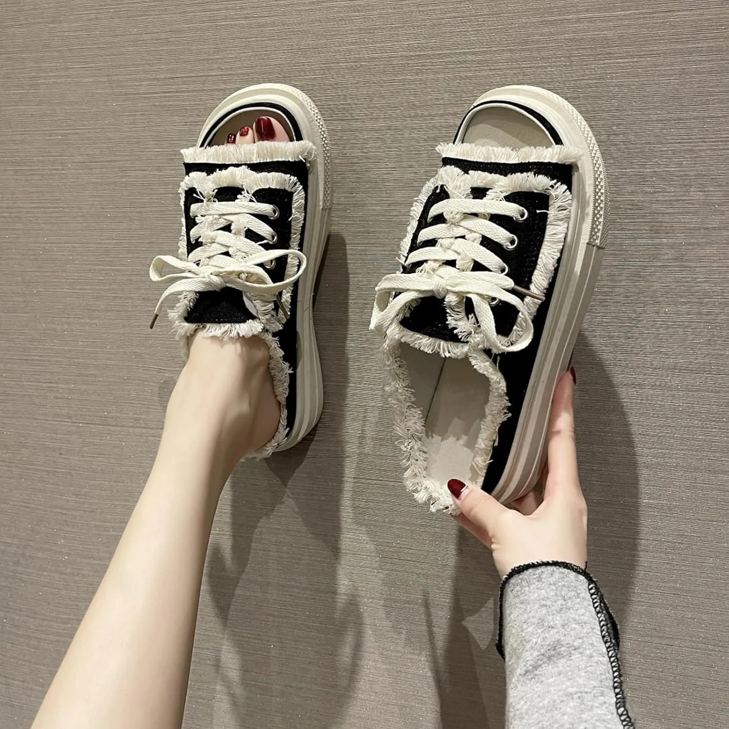 Open Toe Mule Sneakers for Women 2025,Canvas Slippers，Slip on Shoes Platform Clogs Backless Casual Sandals, Wide Mule for Women