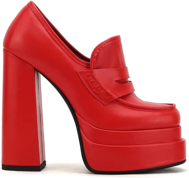 Platform Loafers High Block Heeled Mary Janes for Women Ladies Comfortable Chunky Dress Slip On Square Toe Shoes