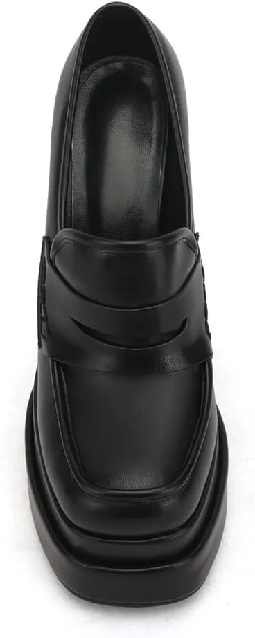 Platform Loafers High Block Heeled Mary Janes for Women Ladies Comfortable Chunky Dress Slip On Square Toe Shoes
