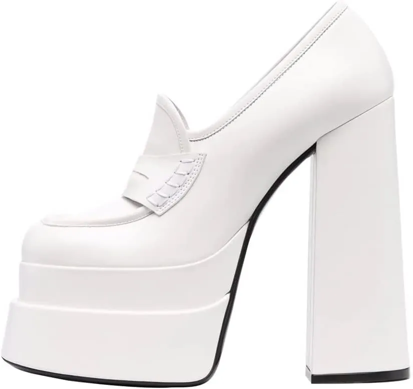 Platform Loafers High Block Heeled Mary Janes for Women Ladies Comfortable Chunky Dress Slip On Square Toe Shoes