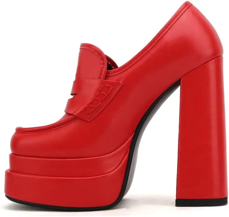 Platform Loafers High Block Heeled Mary Janes for Women Ladies Comfortable Chunky Dress Slip On Square Toe Shoes