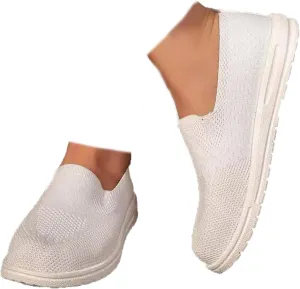 RiceelSor Women's Knitted Slip Ons Flat Loafers Mesh Breathable Non-Slip Lightweight Walking Shoes Comfortable Orthotic Nurse Working Mom Sneakers
