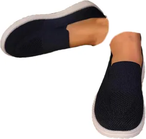 RiceelSor Women's Knitted Slip Ons Flat Loafers Mesh Breathable Non-Slip Lightweight Walking Shoes Comfortable Orthotic Nurse Working Mom Sneakers