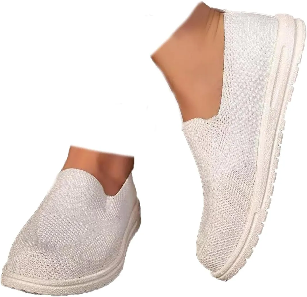 RiceelSor Women's Knitted Slip Ons Flat Loafers Mesh Breathable Non-Slip Lightweight Walking Shoes Comfortable Orthotic Nurse Working Mom Sneakers