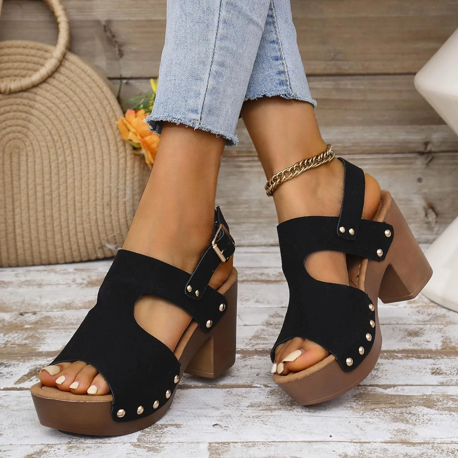 Sandals for Women 2025 Suede Platform Chunky Heel Retro Sandals with Adjustable Buckle Fashion Platform Block Heels