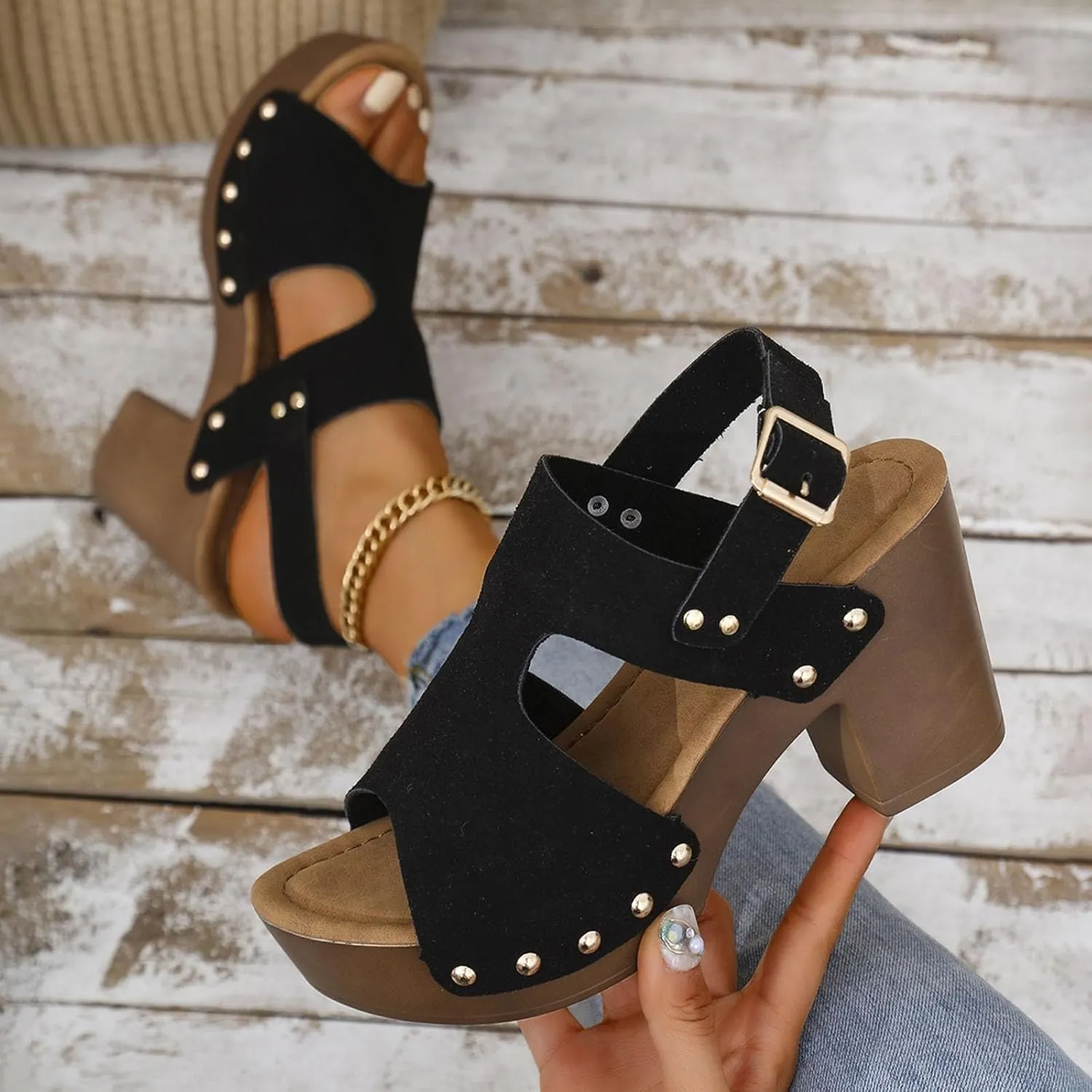 Sandals for Women 2025 Suede Platform Chunky Heel Retro Sandals with Adjustable Buckle Fashion Platform Block Heels