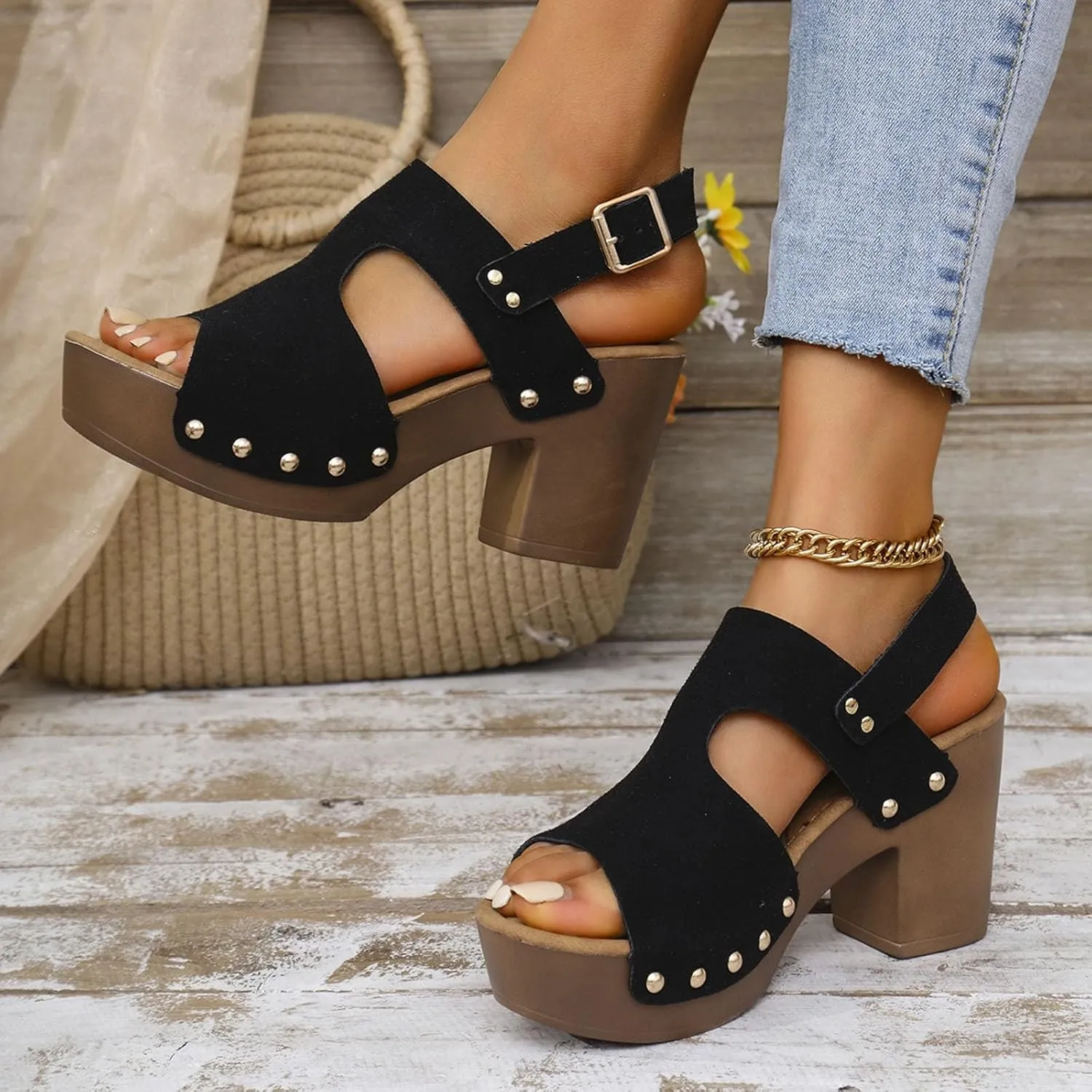 Sandals for Women 2025 Suede Platform Chunky Heel Retro Sandals with Adjustable Buckle Fashion Platform Block Heels