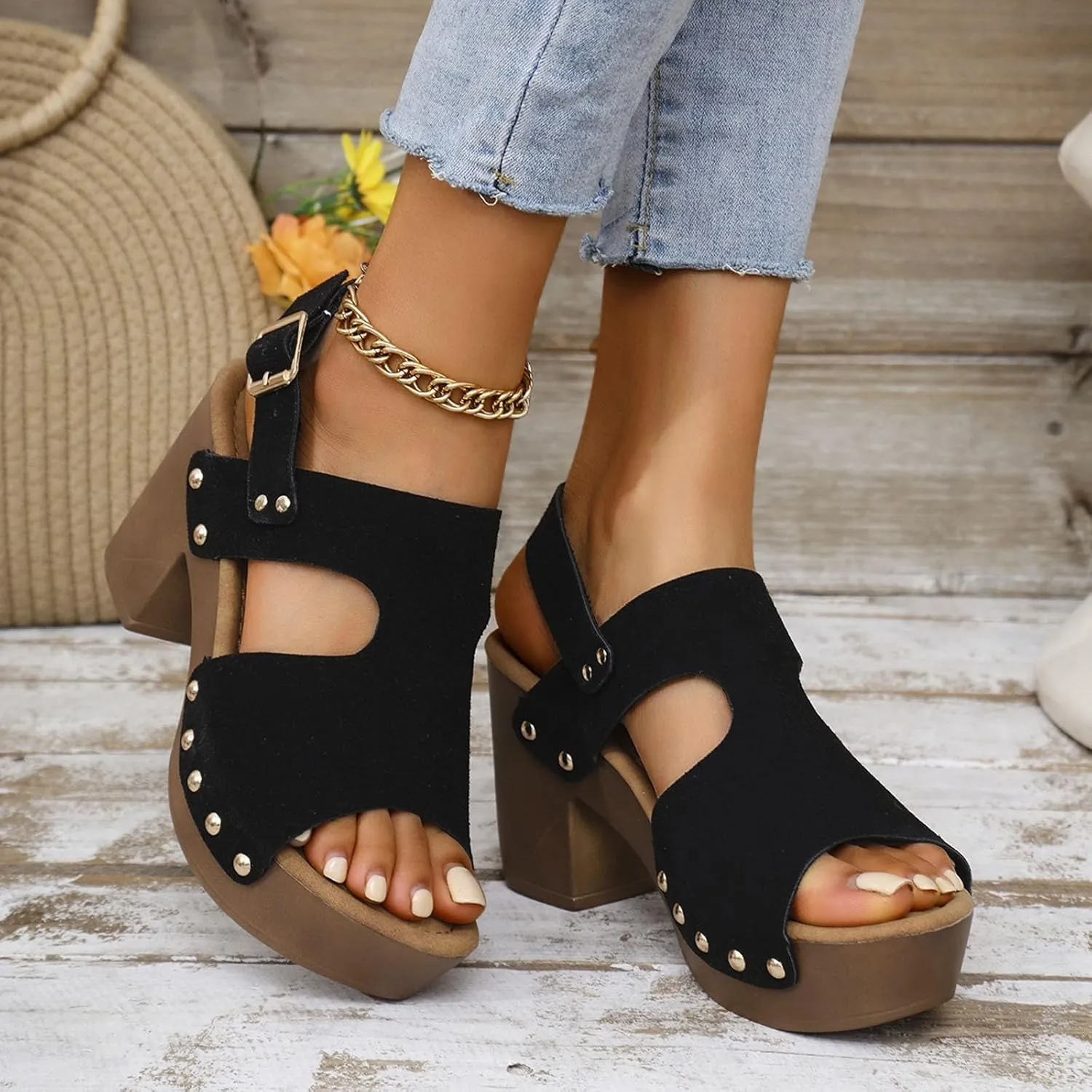 Sandals for Women 2025 Suede Platform Chunky Heel Retro Sandals with Adjustable Buckle Fashion Platform Block Heels