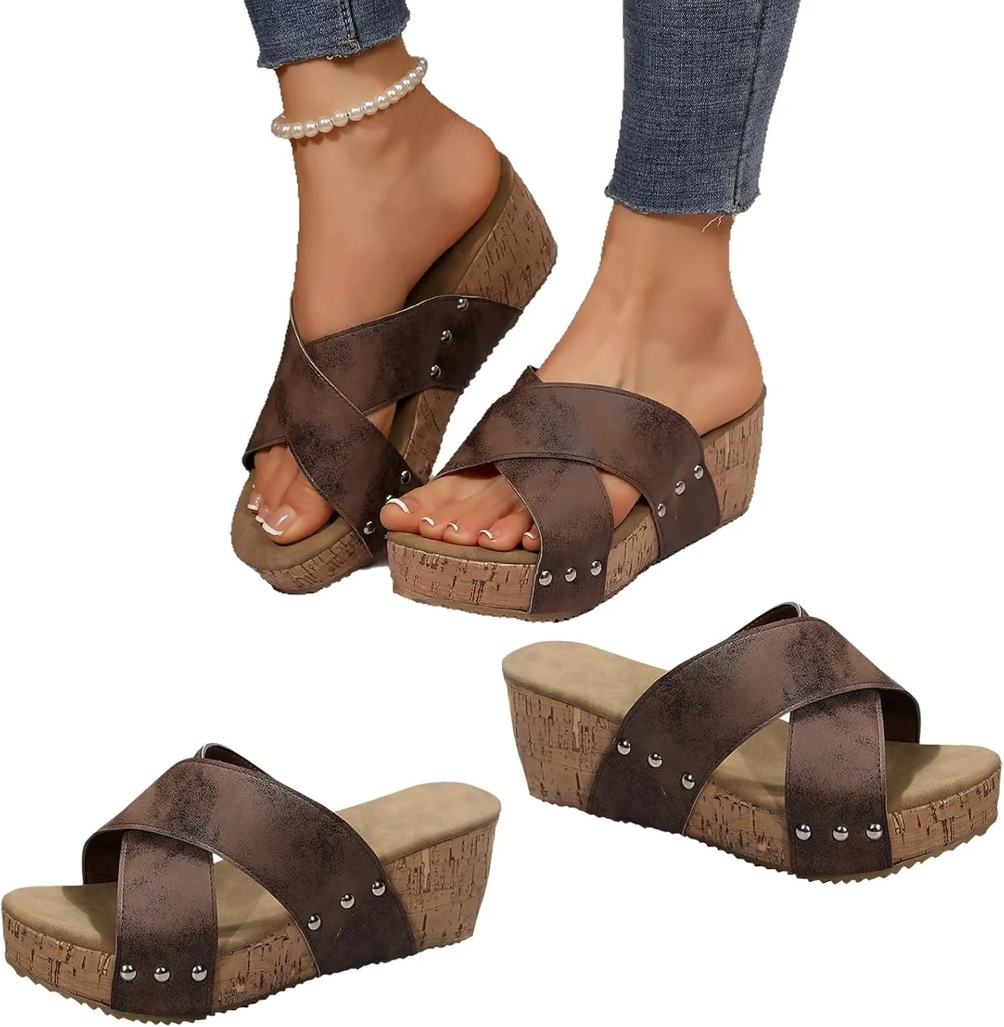 Sandals for Women 2025 Wide Width Open Toe Platform Slip On Espadrille Wedge Sandals Casual Trendy Summer Shoes