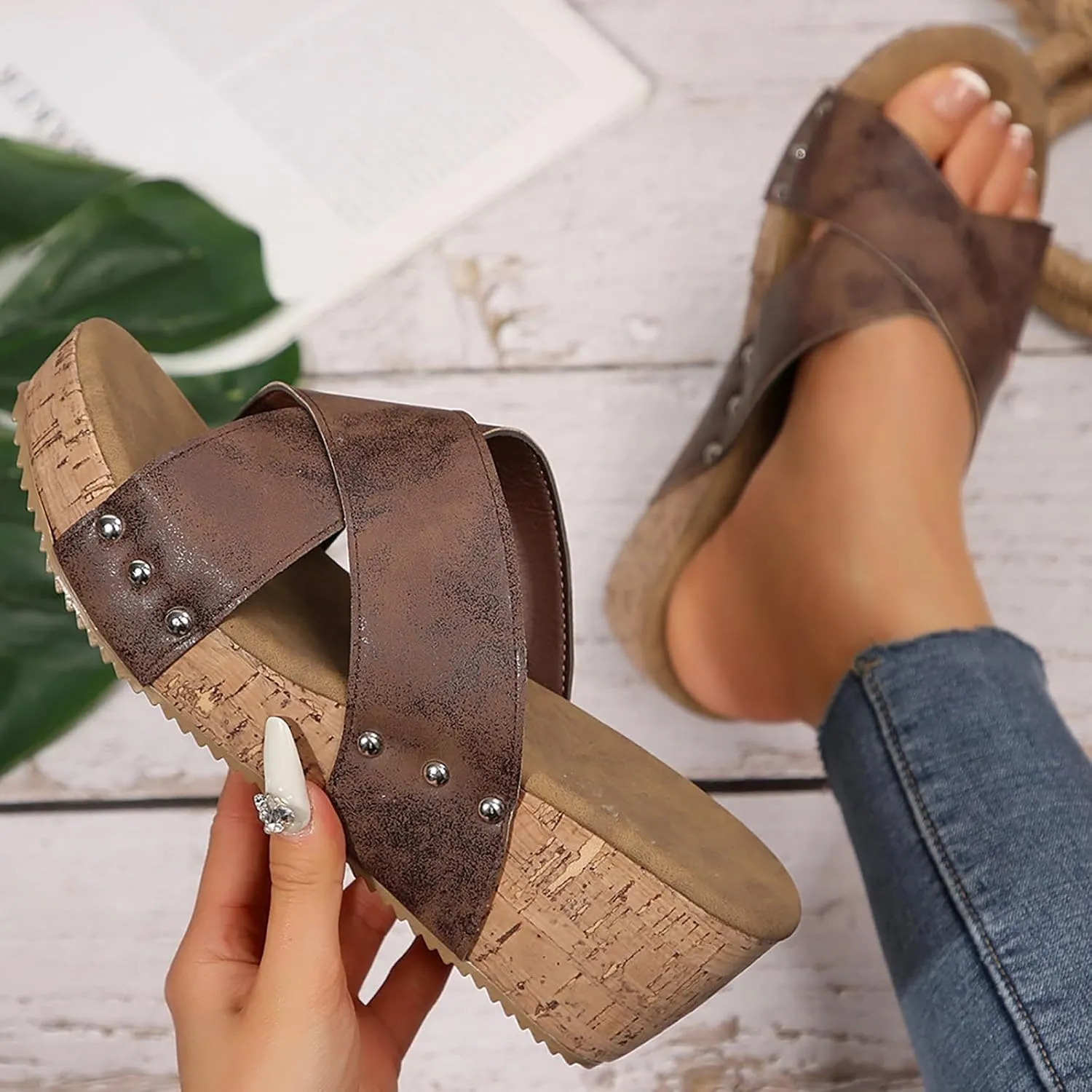 Sandals for Women 2025 Wide Width Open Toe Platform Slip On Espadrille Wedge Sandals Casual Trendy Summer Shoes
