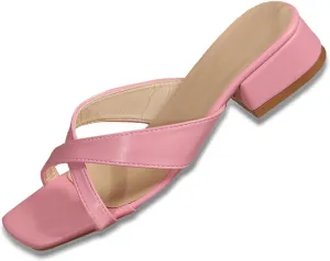 Sandals Women Square Open Toe Heels Sandals Wide Casual Sandals Slip on Slippers Shoes Block Low Heels for Women