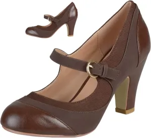 SHODENSE Women Kitten Heel Mary Jane Pumps Closed Round Toe Ankle Strap Patchwork Comfy 3 Mid Chunky Mary Jane Heels Cap Toe Two Tone Buckle Dress Shoes Ladies Wedding Vintage 4-11 M US
