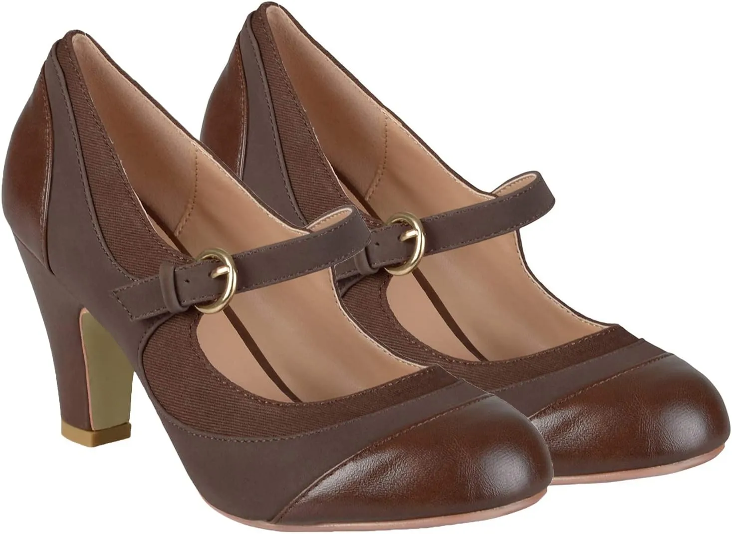 SHODENSE Women Kitten Heel Mary Jane Pumps Closed Round Toe Ankle Strap Patchwork Comfy 3 Mid Chunky Mary Jane Heels Cap Toe Two Tone Buckle Dress Shoes Ladies Wedding Vintage 4-11 M US