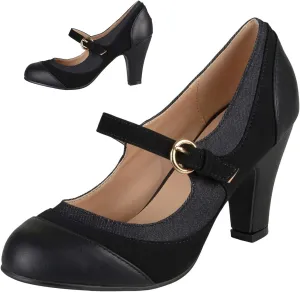 SHODENSE Women Kitten Heel Mary Jane Pumps Closed Round Toe Ankle Strap Patchwork Comfy 3 Mid Chunky Mary Jane Heels Cap Toe Two Tone Buckle Dress Shoes Ladies Wedding Vintage 4-11 M US