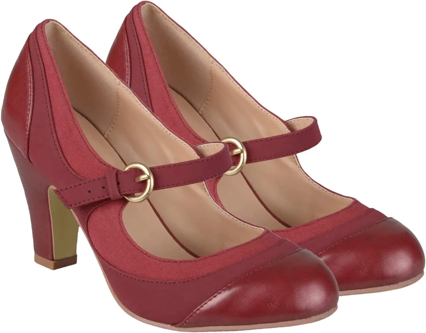 SHODENSE Women Kitten Heel Mary Jane Pumps Closed Round Toe Ankle Strap Patchwork Comfy 3 Mid Chunky Mary Jane Heels Cap Toe Two Tone Buckle Dress Shoes Ladies Wedding Vintage 4-11 M US