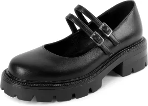 Soireelady Womens Chunky Mary Janes Platform Low Heel Pumps Round Toe Ankle Strap Oxford Uniform Dress Shoes 2 Inch