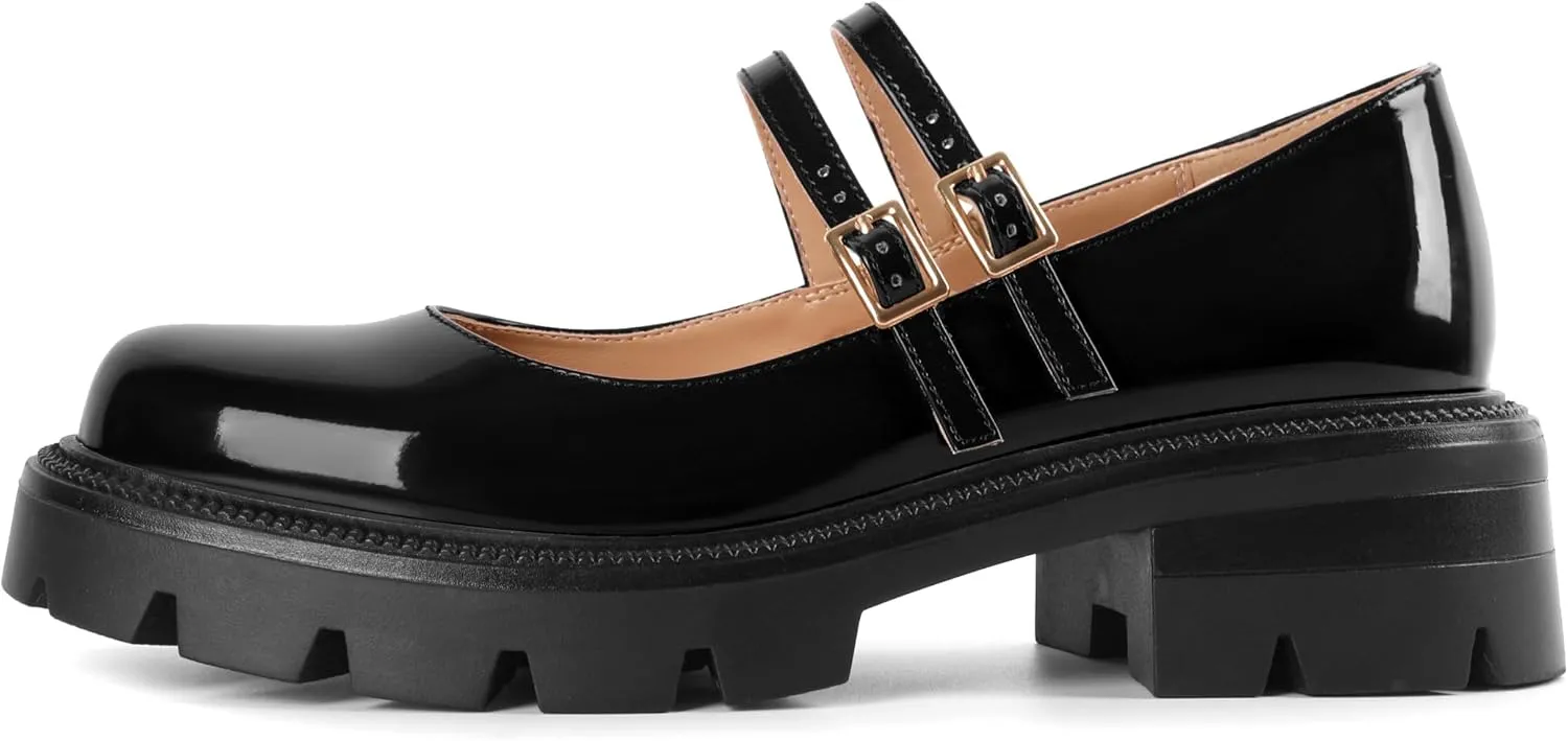 Soireelady Womens Chunky Mary Janes Platform Low Heel Pumps Round Toe Ankle Strap Oxford Uniform Dress Shoes 2 Inch