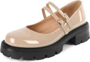 Soireelady Womens Chunky Mary Janes Platform Low Heel Pumps Round Toe Ankle Strap Oxford Uniform Dress Shoes 2 Inch