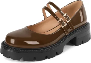 Soireelady Womens Chunky Mary Janes Platform Low Heel Pumps Round Toe Ankle Strap Oxford Uniform Dress Shoes 2 Inch